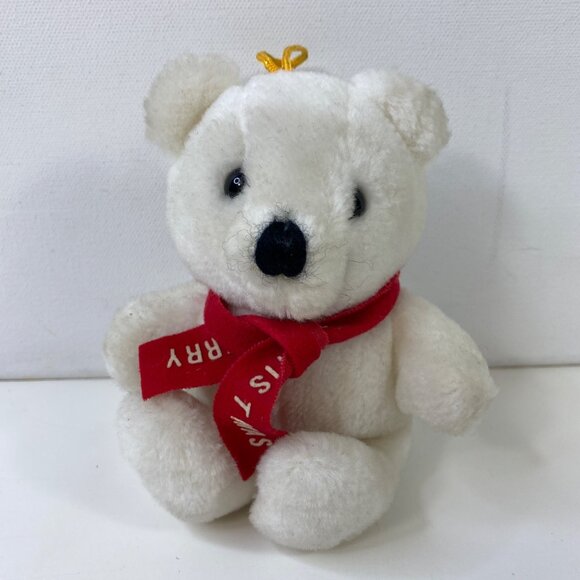 Vintage 1993 Dakin Christmas Teddy Bear Ornament White Plush Red Merry Christmas - Picture 1 of 6